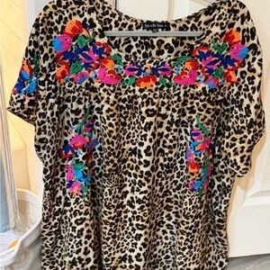 Vibrant Floral Embroidered Leopard Blouse